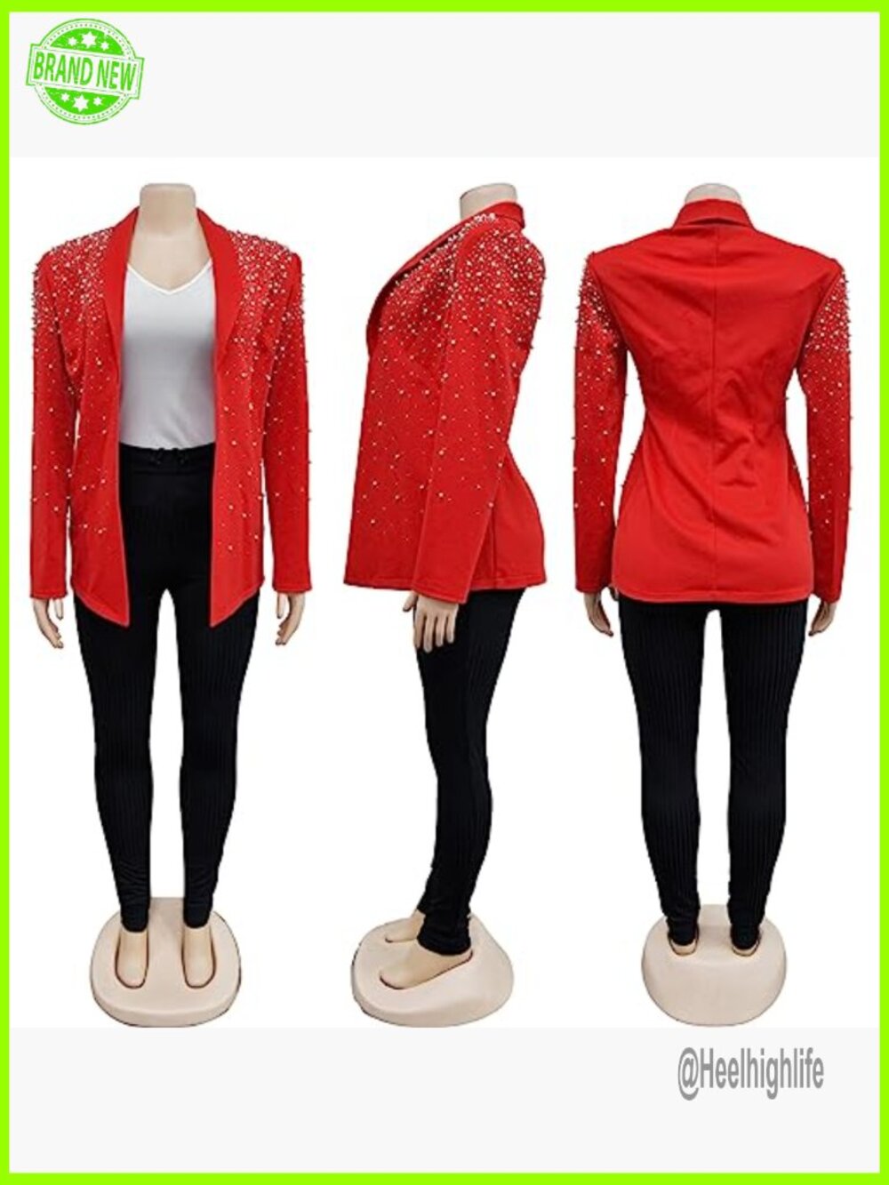 Long Sleeve Lapel Pearls Rhinestones Blazer Jacket for Nightclub Party - Picture 3 of 6
